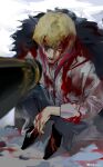  2boys blonde_hair blood blood_on_clothes blood_on_face blood_on_ground blood_on_hands blood_on_snow brothers cigarette coat donquixote_doflamingo donquixote_rocinante emean feather_coat fur_coat gun hat heart heart_print highres holding hood long_sleeves looking_at_viewer makeup male_focus multiple_boys one_eye_closed one_piece outdoors pink_coat red_hood shirt siblings smoking snow solo weapon 