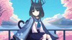  1girl animal_ears black_choker black_eyes black_hair black_sailor_collar black_skirt blue_archive blue_halo blue_neckerchief blue_sky bright_pupils cat_ears cat_girl cat_tail cherry_blossoms choker cloud commentary_request halo highres kikyou_(blue_archive) kimono_on_shoulders lake looking_at_viewer medium_hair mountain multiple_tails neckerchief outdoors pixel_art pleated_skirt ribbon_choker sailor_collar school_uniform serafuku sitting skirt sky socks solo tail tinia_etru two_tails white_pupils white_serafuku white_socks 