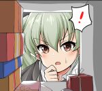  ! 1girl anchovy_(girls_und_panzer) anzio_school_uniform black_cape box brown_eyes cape commentary dress_shirt eyebrows_visible_through_hair gift gift_box girls_und_panzer green_hair hand_on_own_chin long_hair looking_at_viewer nasunael open_mouth school_uniform shirt shoe_locker solo spoken_exclamation_mark sweatdrop twintails valentine white_shirt 