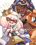  2girls aqua_eyes artist_name black_gloves blue_hair breasts bright_pupils cephalopod_eyes cleavage crop_top crown dark-skinned_female dark_skin eyelashes fingerless_gloves furrowed_brow gloves gradient_hair headphones highres inkling jacket large_breasts long_hair looking_at_viewer marina_(splatoon) medium_hair mole mole_under_mouth multicolored_hair multiple_girls navel octoling open_clothes open_jacket open_mouth orange-tinted_eyewear orange_pants orange_suit outstretched_arms pants pearl_(splatoon) pink_hair reaching reaching_towards_viewer red_pupils shina_shina simple_background smile splatoon_(series) splatoon_3 splatoon_3:_side_order star-shaped_pupils star_(symbol) sunglasses symbol-shaped_pupils teeth tentacle_hair thick_eyebrows tinted_eyewear twitter_username two-tone_hair white_background white_hair white_jacket white_pupils yellow_headwear 