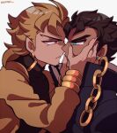  2boys black_coat black_hair black_shirt blonde_hair blue_eyes brown_jacket chain closed_mouth coat dio_brando earrings fingernails from_side hands_on_another&#039;s_face imminent_kiss jacket jewelry jojo_no_kimyou_na_bouken kotorai kujo_jotaro male_focus multiple_boys red_eyes sharp_fingernails shirt signature simple_background thick_eyebrows upper_body v-shaped_eyebrows white_background yaoi 