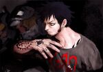  3boys arm_tattoo black_hair black_shirt brown_hair chest_tattoo chief_(chiefvinsmoke) closed_mouth commentary_request earrings facial_hair finger_tattoo fingernails goatee hand_tattoo hat jewelry korn_(band) male_focus multiple_boys one_piece penguin_(one_piece) shachi_(one_piece) shirt short_hair tattoo trafalgar_law v-shaped_eyebrows 