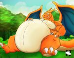 ambiguous_gender belly biceps big_belly blue_eyes charizard claws digital_drawing_(artwork) digital_media_(artwork) dragon finger_claws generation_1_pokemon grin hand_on_belly hand_on_knee hand_on_leg hi_res huge_belly looking_at_viewer multicolored_body multicolored_scales musclegut muscular muscular_arms mythological_creature mythological_scalie mythology nintendo orange_body orange_scales pecs pokemon pokemon_(species) scales scalie sharp_teeth sitting smile smirk solo strongfat tail tan_belly tan_chest teeth toe_claws two_tone_body two_tone_scales wings zangokunatenshi