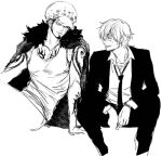  2boys arm_support arm_tattoo blush cape chest_tattoo chief_(chiefvinsmoke) cigarette curly_eyebrows earrings facial_hair formal fur_cape fur_hat goatee hair_over_one_eye hat jacket jewelry long_sleeves looking_at_another male_focus monochrome multiple_boys necktie one_piece pants sanji_(one_piece) shirt short_hair shoulder_tattoo sitting sketch tank_top tattoo trafalgar_law yaoi 