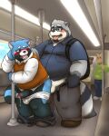  2022 ailurid anal anthro blue_body blush bodily_fluids bottomwear clothing detailed_background erection eyewear genital_fluids genitals glasses grey_body group hi_res humanoid_genitalia humanoid_hands humanoid_penis inside inside_train kemono male male/male mammal overweight overweight_male pants penis precum procyonid public public_sex raccoon red_panda reddo12340 sex shirt tongue tongue_out topwear 