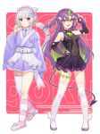  2girls :d :o amanogawa_neru animal_ears arm_up black_dress black_gloves boots breasts cat_ears cat_girl cat_tail character_request commentary_request covered_navel demon_tail double_bun dress elbow_gloves fingerless_gloves garter_straps gloves gradient_gloves gradient_hair green_eyes green_hair grey_footwear grey_hair hair_bun highres horns japanese_clothes kimono kneehighs long_sleeves mosomoso multicolored_hair multiple_girls obi parted_lips pleated_dress purple_eyes purple_gloves purple_hair purple_kimono re-ply red_background sash single_horn single_thighhigh sleeveless sleeveless_dress slippers small_breasts smile socks striped_clothes striped_socks tail text_background thigh_boots thighhighs two-tone_background two-tone_hair two_side_up virtual_youtuber white_background white_footwear white_thighhighs wide_sleeves wing_hair_ornament 