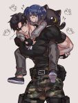  ? bandaid belt black_footwear black_hair camouflage camouflage_pants carrying cat child child_carry dog_tags eyepatch father_and_daughter fingerless_gloves gloves heidern highres leona_heidern mature_male muscular muscular_male pants pouch stuffed_toy syachiiro the_king_of_fighters twintails 