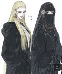  1girl black_gloves black_robe blonde_hair breasts closed_mouth dress drop_earrings earrings gloves height highres hijab hood hood_down hood_up icon_(computing) jewelry kny_yy long_hair long_sleeves looking_at_viewer medium_breasts mouth_veil multiple_views original pale_skin red_eyes robe simple_background sketch smile standing veil white_background 