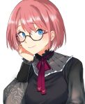  1girl black_shirt blouse blue_eyes blush breasts collar frilled_collar frills glasses hand_on_own_cheek hand_on_own_chin hand_on_own_face highres hololive karakr_shin large_breasts light_blush light_smile looking_at_viewer necktie pink_hair see-through see-through_sleeves shirt short_hair smile solo takane_lui takane_lui_(3rd_costume) virtual_youtuber white_background 