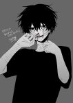  1boy bandaid bandaid_on_face blood blood_from_mouth commission fang fingernails hair_between_eyes hand_on_own_face highres imai_akira messy_hair monochrome no_pupils nosebleed open_mouth original self-harm self-harm_scar short_hair short_sleeves skeb_commission smile solo teeth upper_body upper_teeth_only 