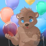 anthro balloon blue_eyes brown_body brown_hair hair hi_res inflatable male mammal mustelid netiscraft otter party playful smile solo
