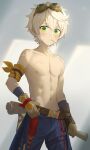  1boy absurdres bandaid bandaid_on_face bandaid_on_nose bennett_(genshin_impact) blonde_hair commentary_request genshin_impact gloves goggles goggles_on_head green_eyes hair_between_eyes highres holding holding_belt looking_at_viewer luye_yuan male_focus scar simple_background sleeveless topless_male 