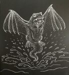 absurd_res ambiguous_gender amphibian bat_wings black_and_white black_background european_mythology fangs feet feral hi_res jumping membrane_(anatomy) membranous_wings monochrome monster mythology oneya simple_background solo splash teeth toes traditional_media_(artwork) water water_leaper webbed_feet welsh_mythology wings