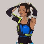  1girl absurdres apex_legends armpits berlo black_gloves black_hair blue_shirt brown_eyes collarbone conduit_(apex_legends) dark-skinned_female dark_skin earrings elbow_gloves electricity fingerless_gloves gloves grey_background hair_behind_ear hair_tie_in_mouth highres jewelry looking_ahead mouth_hold shirt short_hair single_elbow_glove smile solo tying_hair upper_body 