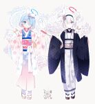  2024 2girls absurdres alternate_costume arona_(blue_archive) asa_no_ha_(pattern) black_choker black_hairband black_haori blue_archive blue_eyes blue_hair blue_halo blue_kimono blue_pupils blush bow_hairband braid chinese_new_year chinese_zodiac choker closed_mouth cloud_print colored_inner_hair dango dot_mouth dot_nose dotera_(clothes) double_bun dragon eastern_dragon expressionless floral_print_kimono floral_print_sash flower food full_body geta gradient_kimono grey_background grey_eyes hair_bun hair_flower hair_ornament hair_over_one_eye hair_ribbon hair_up hairband halo hand_fan hands_up highres holding holding_food i-tsd japanese_clothes kimono light_blue_hair long_hair looking_at_viewer multicolored_hair multiple_girls obi okobo outline paper_fan pink_hair pink_halo pink_haori pink_kimono pink_pupils pink_sash plana_(blue_archive) plum_blossom_print print_kimono red_halo red_pupils ribbon sandals sash short_hair signature single_braid smile socks solo standing tabi uchiwa wagashi white_background white_choker white_hair white_hairband white_kimono white_outline white_ribbon white_sash white_socks wide_sleeves year_of_the_dragon 