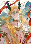  1boy aqua_hair armlet bead_necklace beads black_horns blonde_hair blue_eyes chest_tattoo colored_inner_hair curtained_hair demon_boy demon_horns embers facial_mark gem gold_collar gold_necklace hair_between_eyes horns jewelry lars_rorschach long_hair looking_at_viewer lovebrush_chronicles male_focus mountain multicolored_hair necklace parted_lips pectorals red_gemstone red_shawl shawl smile solo streaked_hair tattoo topless_male upper_body water_drop xuedaixun yellow_shawl 