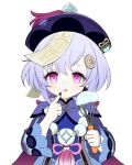  1girl :q bangs bead_necklace beads black_nails coin_hair_ornament commentary_request genshin_impact hat jewelry jiangshi necklace ofuda purple_hair purple_headwear qing_guanmao qiqi_(genshin_impact) red_eyes s1a1nokoka smile solo talisman tongue tongue_out white_background 
