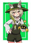  1girl :d absurdres animal_ears arknights beanstalk_(arknights) blush border collarbone collared_shirt commentary_request contrapposto fox_ears fox_girl green_background green_hair green_headwear green_overalls green_shorts grin hair_between_eyes hair_over_shoulder hand_on_own_hip hat head_tilt hendra highres id_card infection_monitor_(arknights) inset_border legs_apart long_hair long_sleeves looking_at_viewer low-braided_long_hair low-tied_long_hair metal_crab_(arknights) multicolored_hair neck_ribbon open_collar open_mouth pinstripe_pattern pinstripe_shirt red_eyes ribbon shirt shorts signature simple_background sleeves_past_wrists smile solo teeth two-tone_hair white_border white_ribbon white_shirt 
