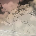 2024 anthro bathing bear belly big_belly hi_res kemono male mammal moobs navel nipples outside overweight overweight_male plant sangguri_32 solo steam tree water