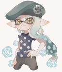  1girl aqua_headwear beret black_pants blue_hair blue_shirt closed_mouth cropped_legs hand_on_own_hip hat highres inkling inkling_girl inkling_player_character lemo_(lemo_4) long_hair looking_at_viewer pants pointy_ears print_shirt shirt simple_background smile solo splatoon_(series) star-shaped_pupils star_(symbol) symbol-shaped_pupils tentacle_hair white_background yellow_eyes 
