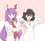 2girls :d animal_ears black_hair breasts bright_pupils carrot_necklace collared_shirt commentary dress english_commentary highres inaba_tewi jewelry large_breasts long_hair longcat_(meme) mata_(matasoup) meme multiple_girls necklace necktie outstretched_arms pink_dress purple_hair rabbit_ears rabbit_girl red_eyes red_necktie reisen_udongein_inaba shirt short_hair simple_background smile touhou triangle_mouth two-tone_background upper_body white_pupils white_shirt 