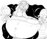  2022 anthro behemoth_(housamo) belly big_belly bottomwear clothed clothing fangs front_view hi_res horn jacket lifewonders looking_at_viewer male monster navel obese obese_anthro obese_male open_mouth overweight overweight_anthro overweight_male pants reaching reaching_out reaching_towards_viewer reagan700 shirt solo tokyo_afterschool_summoners tongue topwear video_games 