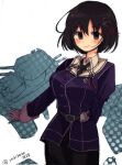  1girl arm_behind_back black_hair black_skirt blush breasts corrupted_twitter_file gloves haguro_(kancolle) haguro_kai_ni_(kancolle) hair_between_eyes hair_ornament highres jacket kantai_collection long_sleeves looking_at_viewer military_uniform one-hour_drawing_challenge purple_jacket rigging short_hair simple_background skirt smile solo uniform white_background white_gloves yukikaze2828 