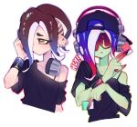  2girls backwards_hat baseball_cap blue_hair cephalopod_eyes closed_mouth collarbone color_chip_(splatoon) colored_skin commentary_request dedf1sh dual_persona ear_piercing eyelashes green_skin hair_over_one_eye hat headphones headphones_around_neck headphones_over_headwear long_hair multicolored_hair multiple_girls octoling off_shoulder open_mouth piercing red-tinted_eyewear red_hair sanitized_(splatoon) simple_background single_bare_shoulder splatoon_(series) splatoon_3 splatoon_3:_side_order suke_81 tentacle_hair thick_eyebrows tinted_eyewear two-tone_hair white_background yellow_eyes 