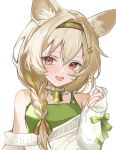  1girl :d animal_ears arknights beanstalk_(arknights) beanstalk_(gift_uncompleted)_(arknights) bell blush cat_ears cat_girl choker green_hairband green_shirt hair_between_eyes hair_intakes hair_over_shoulder hairband hand_up light_brown_hair long_hair long_sleeves looking_at_viewer low-braided_long_hair low-tied_long_hair neck_bell off-shoulder_sweater off_shoulder open_mouth portrait raramente red_eyes shirt sidelocks simple_background sleeveless sleeveless_shirt sleeves_past_wrists smile solo sweater white_background white_choker white_sweater 