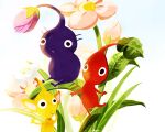  absurdres artist_name black_eyes blue_background bud closed_mouth colored_skin commentary english_commentary flower gradient_background hand_on_own_face highres leaf light_frown no_mouth pikmin_(creature) pikmin_(series) pink_flower pointy_ears pointy_nose purple_hair purple_pikmin purple_skin red_pikmin red_skin short_hair simple_background sitting sonia_lai very_short_hair white_background white_flower yellow_pikmin yellow_skin 