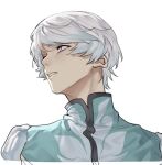  1boy blue_shirt commentary_request eyelashes looking_to_the_side male_focus parted_lips pon52io purple_eyes shirt short_hair simple_background solo sorey_(tales) tales_of_(series) tales_of_zestiria unfinished upper_body white_background white_hair 