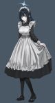  1girl absurdres alternate_costume apron bags_under_eyes black_dress black_footwear black_hair black_pantyhose blue_archive blue_hair breasts commentary dress enmaided expressionless full_body grey_background grey_eyes halo highres looking_at_viewer maid maid_headdress medium_breasts pantyhose sakuyasanprprp saori_(blue_archive) simple_background skirt_hold solo standing white_apron 