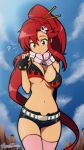  1girl ? absurdres bangs bikini bikini_top_only blush boota_(ttgl) breasts cowboy_shot english_commentary fingerless_gloves gloves hair_between_eyes hair_ornament highres long_hair magnolia-baillon medium_breasts navel outdoors ponytail red_hair short_shorts shorts swimsuit tengen_toppa_gurren_lagann thighhighs yellow_eyes yoko_littner 