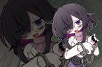  1girl bags_under_eyes belt black_hair black_nails clothing_cutout colored_skin commission cuffs eyes_visible_through_hair fang funamusea_(artist) glasses grey_background grey_belt hair_over_one_eye handcuffs looking_to_the_side multicolored_hair open_mouth original outline pink_hair purple_eyes purple_skirt red-framed_eyewear round_eyewear short_hair sidelocks skeb_commission skirt smile solo spiked_belt streaked_hair sweater turtleneck turtleneck_sweater two-tone_hair white_outline white_skin white_sweater zoom_layer 