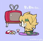  alcohol bag_of_chips blonde_hair blue_background chibi chibi_only crt cup dio_brando drinking_glass earrings green_headband headband jacket jewelry jojo_no_kimyou_na_bouken kotorai pants rabbit_ears_antenna signature sitting translation_request watching_television wine yellow_jacket yellow_pants 