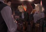  1girl 3boys alcohol animal_ears bar beard black_jacket blonde_hair blue_eyes blurry blurry_foreground boku_no_hero_academia bottle breasts cup depth_of_field drinking drinking_glass drunk ear_piercing earrings endeavor_(boku_no_hero_academia) facial_hair facial_mark feathered_wings food framed_image goatee hawks_(boku_no_hero_academia) holding holding_cup holding_food jacket jewelry leather leather_jacket long_eyebrows long_eyelashes long_hair mirko mm39572 multiple_boys piercing plant rabbit_ears rabbit_girl red_eyes red_feathers red_hair red_wings shirt short_hair sideburns spiked_hair stubble stud_earrings white_hair white_shirt wings yellow_eyes 