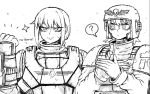  2girls ? armor astra_militarum clenched_hand english_text gloves greyscale helldiver_(helldivers) helldivers_(series) helmet highres military_uniform monochrome multiple_girls octosoup scar scar_on_cheek scar_on_face short_hair skull smile soldier sparkle uniform warhammer_40k 