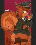 absurd_res anthro big_butt blue_eyes bottomwear buckteeth bulge butt catboyz cigarette clothed clothing communism digital_media_(artwork) fur german_flag german_text germany gun hair hat headgear headwear hi_res holding_cigarette holding_object holster holstered_pistol hotpants huge_butt komissar_karl male mammal military military_cap military_clothing military_uniform necktie orange_body orange_fur politics ranged_weapon rodent sciurid shorts simple_background solo solo_focus tail teeth text thick_thighs thigh_holster topwear tree_squirrel uniform weapon wide_hips