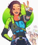  1girl 3boys apex_legends artist_name black_gloves black_hair blue_nails blue_shirt brown_eyes character_name collarbone conduit_(apex_legends) dark-skinned_female dark-skinned_male dark_skin electricity english_commentary fingerless_gloves gloves hand_on_own_hip highres holding holding_sign looking_at_viewer multiple_boys one_eye_closed shirt short_hair sign smile solo_focus thekittlekat v 