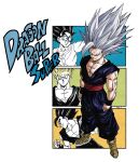  1boy absurdres artist_name big_hair black_hair clenched_hand clenched_teeth copyright_name derivative_work dougi dragon_ball dragon_ball_super dragon_ball_super_super_hero fenyon full_body glasses gohan_beast grey_hair highres male_focus multiple_views red_eyes red_sash sash son_gohan spiked_hair standing super_saiyan teeth 