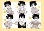  1boy 1girl angry arms_under_breasts black_eyes black_hair blue_eyes blush breasts collarbone crossed_arms dragon_ball dragon_ball_z einohire0085 expressions eyelashes hands_on_own_hips happy large_breasts long_sleeves looking_at_viewer multiple_views puff_of_air short_hair short_sleeves shy smile son_gohan sweatdrop teeth upper_body v-shaped_eyebrows videl 