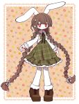  1boy :3 animal_ears black_ribbon boots border braid bright_pupils brown_footwear collared_dress colored_skin dress flower frilled_dress frills full_body funamusea funamusea_(artist) green_dress hair_flower hair_ornament highres long_braid long_hair looking_at_viewer male_focus orange_background otoko_no_ko outline patterned_background plaid plaid_dress pointy_ears prune_(funamusea) rabbit_ears rabbit_tail red_eyes red_nails ribbon sidelocks smug solo standing tail thighhighs twin_braids very_long_hair white_border white_flower white_outline white_pupils white_skin white_sleeves white_thighhighs 