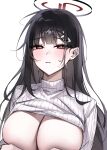  1girl absurdres black_hair blue_archive blush breasts cleavage hair_ornament hairpin halo highres large_breasts long_hair long_sleeves looking_at_viewer open_mouth raki_kr red_eyes ribbed_sweater rio_(blue_archive) simple_background solo sweater upper_body white_background white_sweater 