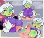  1boy 1girl breasts broly_(dragon_ball_super) cheelai colored_skin covered_nipples cum cum_on_body cum_on_breasts dragon_ball dragon_ball_super dragon_ball_super_broly ejaculation english_text eyelashes facial gloves grabbing grabbing_another&#039;s_breast green_skin highres open_mouth paizuri paizuri_under_clothes scouter short_hair smile sparkling_eyes speech_bubble speedoru tongue tongue_out very_short_hair white_gloves 