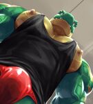 2024 9:10 anthro artist_name biceps big_pecs black_clothing black_shirt black_tank_top black_topwear bulge ceiling clothing dated deltoids dinosaur green_body green_scales hi_res inside kuroma low-angle_view male meme multicolored_body multicolored_scales muscular muscular_anthro muscular_male nipples pecs red_clothing red_eyes red_underwear regin_(kuroma) reptile scales scalie sharp_teeth shirt solo striped_body striped_scales stripes tank_top teeth topwear two_tone_body two_tone_scales underwear vein veiny_muscles yellow_body yellow_scales