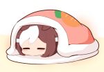  1girl blush_stickers braid brown_hair chibi closed_eyes ears_through_headwear facing_viewer futon gomashio_(goma_feet) multicolored_hair solo special_week_(umamusume) two-tone_hair umamusume under_covers white_background white_hair 