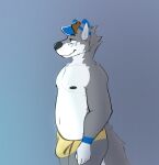 anthro antlers belly bulge canid canine canis chromawolf clothing freckles hi_res horn hybrid male mammal navel overweight pecs slightly_chubby solo underwear wolf