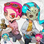  1boy 1girl afro bamboozler_14_(splatoon) black_shorts bloblobber_(splatoon) blue_hair chibi chibi_inset closed_mouth commentary eyewear_on_head grid_background gun hg_swdiary highres holding holding_gun holding_weapon inkling inkling_girl inkling_player_character long_hair mask octoling octoling_boy octoling_player_character orange_hair pink_hair pink_shirt pointy_ears print_shirt red-framed_eyewear red_eyes shirt short_hair shorts smile splatoon_(series) splatoon_3 sunglasses symbol-only_commentary tentacle_hair thick_eyebrows weapon white_background yellow_shirt zoom_layer 