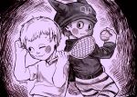  2boys animal_ear_headwear animal_ears artist_name ball beanie belt belt_buckle blush_stickers buckle cat_ears commentary cowboy_shot crosshatching danganronpa_(series) danganronpa_v3:_killing_harmony dual_persona english_commentary expressionless fake_animal_ears from_behind greyscale hat hatching_(texture) holding holding_ball holding_tennis_racket hoshi_ryoma jacket leather leather_jacket loiodg long_sleeves looking_at_viewer looking_back looking_to_the_side male_focus midriff monochrome multiple_boys one_eye_closed open_mouth pants purple_theme scratching_head shirt short_hair short_sleeves smile striped_clothes striped_pants sweat t-shirt tennis_ball upper_body wavy_mouth 
