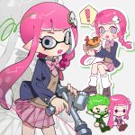  ! 1boy 1girl aerospray_(splatoon) bow bowtie chibi chibi_inset commentary eyebrow_cut eyelashes fang food green_hair gun hair_ornament hairclip hg_swdiary highres holding holding_food holding_gun holding_weapon inkling inkling_boy inkling_girl inkling_player_character invisible_chair long_hair looking_at_viewer multiple_views open_mouth pink_bow pink_bowtie pink_hair pink_skirt plaid plaid_bow plaid_bowtie plaid_skirt pleated_skirt pointy_ears purple_eyes short_hair sitting skirt smile splatoon_(series) splatoon_3 spoken_exclamation_mark sweat symbol-only_commentary tentacle_hair weapon white_background zoom_layer 